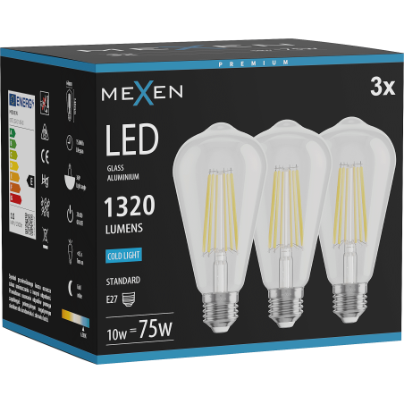 Mexen Vintis 3x LED gijų lemputė E27, ST64, 10W, Šalta - 6500K, 1320 lm, skaidri - L152-E27-1040-00x03 - L152-E27-1065-00x03