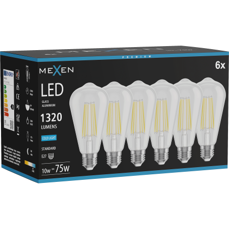 Mexen Vintis 6x LED gijų lemputė E27, ST64, 10W, Šalta - 6500K, 1320 lm, skaidri - L152-E27-1040-00x06 - L152-E27-1065-00x06