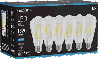 Mexen Vintis 6x LED gijų lemputė E27, ST64, 10W, Šalta - 6500K, 1320 lm, skaidri - L152-E27-1040-00x06 - L152-E27-1065-00x06