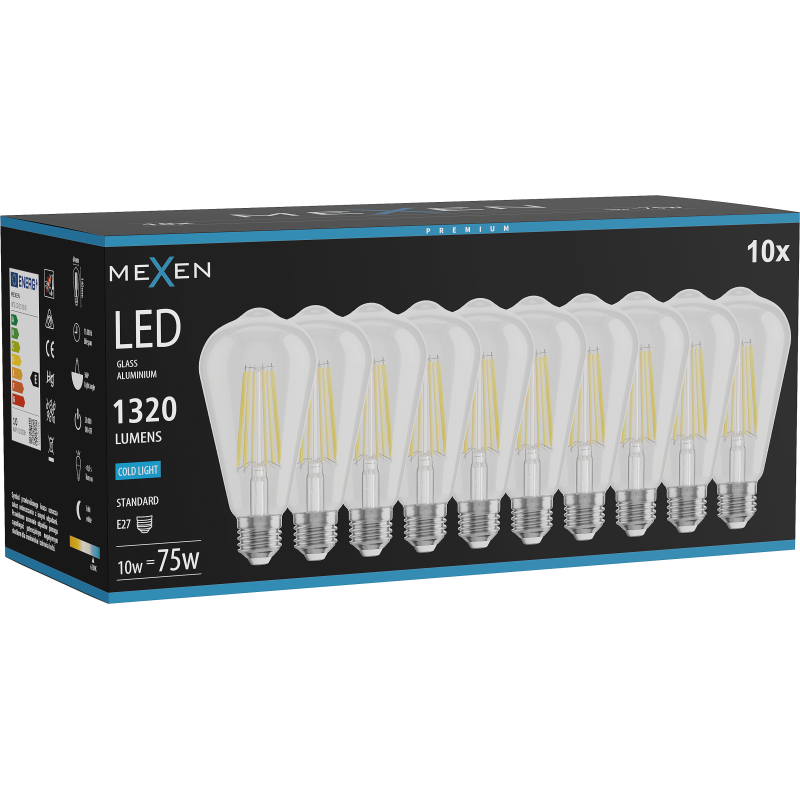 Mexen Vintis 10x LED gijinė lemputė E27, ST64, 10W, Šalta - 6500K, 1320 lm, skaidrus - L152-E27-1040-00x10