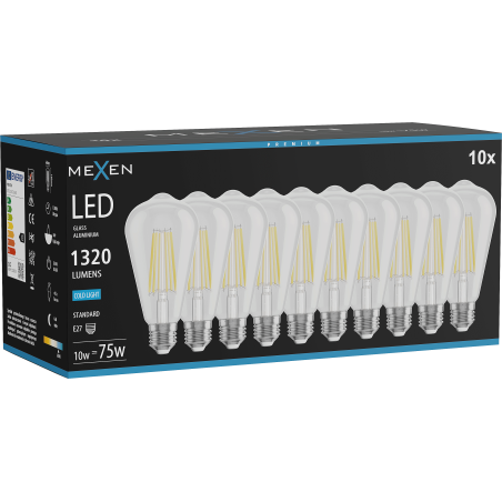 Mexen Vintis 10x LED gijinė lemputė E27, ST64, 10W, Šalta - 6500K, 1320 lm, skaidrus - L152-E27-1040-00x10