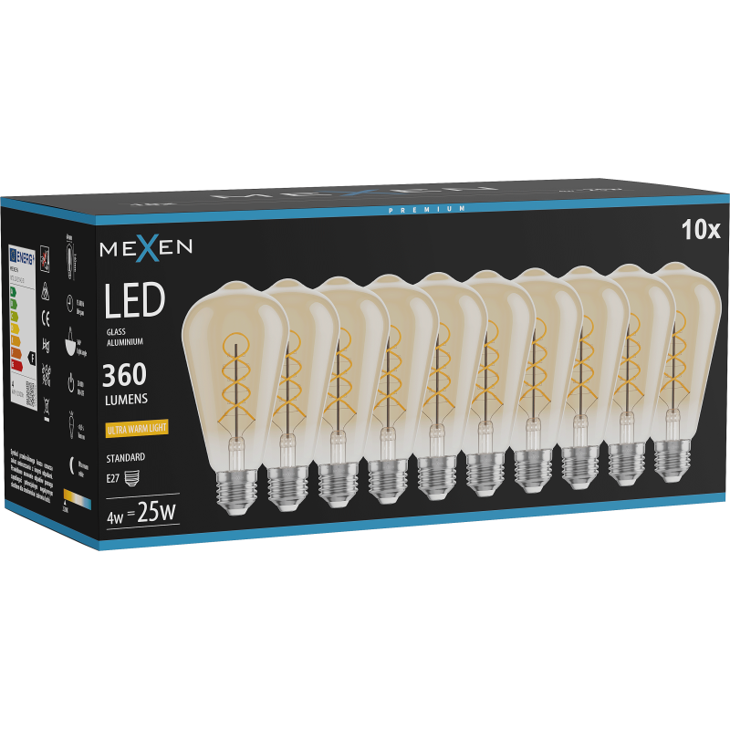 Mexen Vintis 10x kaitinamoji lemputė su LED siūlo spirale, E27, ST64, 4W, Šilta - 2200K, 360 lm, gintarinė