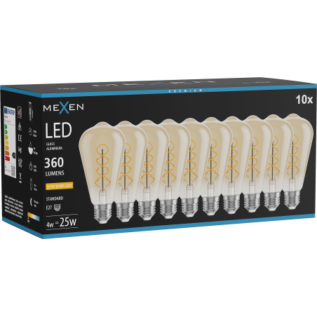 Mexen Vintis 10x kaitinamoji lemputė su LED siūlo spirale, E27, ST64, 4W, Šilta - 2200K, 360 lm, gintarinė