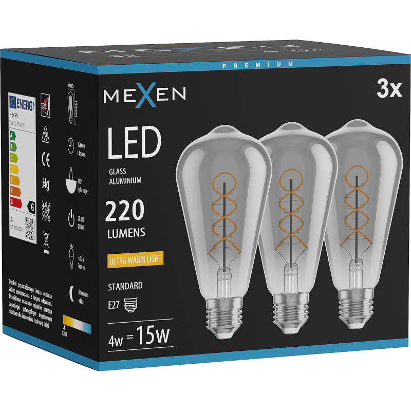 Mexen Vintis 3x LED gijų spiralės lemputė E27, ST64, 4W, Šilta - 2200K, 220 lm, dūminė - L162-E27-0422-70x03