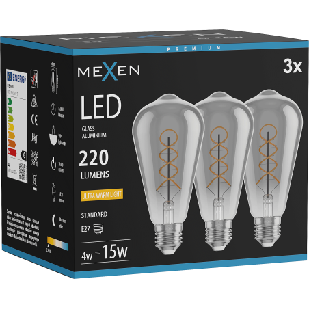 Mexen Vintis 3x LED gijų spiralės lemputė E27, ST64, 4W, Šilta - 2200K, 220 lm, dūminė - L162-E27-0422-70x03