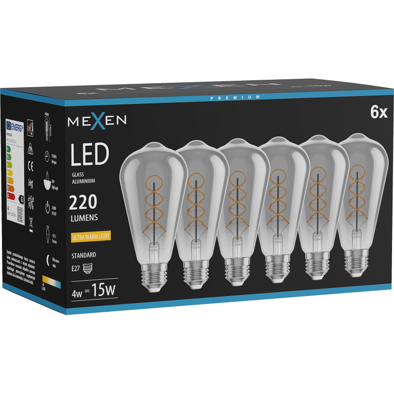 Mexen Vintis 6x LED kaitinamosios spiralės lemputė E27, ST64, 4W, Šilta - 2200K, 220 lm, rūkytas - L162-E27-0422-70x06