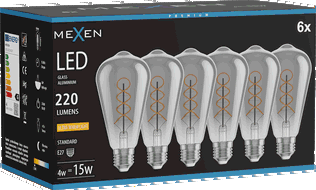 Mexen Vintis 6x LED kaitinamosios spiralės lemputė E27, ST64, 4W, Šilta - 2200K, 220 lm, rūkytas - L162-E27-0422-70x06