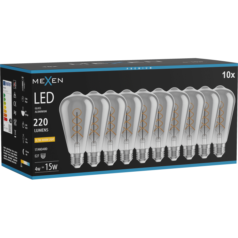 Mexen Vintis 10x LED kaitrinė lemputė spiralė E27, ST64, 4W, Šilta - 2200K, 220 lm, dūminė - L162-E27-0422-70x10