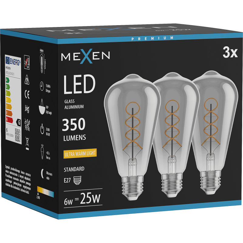 Mexen Vintis 3x LED siūlų spiralės lemputė E27, ST64, 6W, Šilta - 2200K, 350 lm, dūminė - L162-E27-0622-70x03