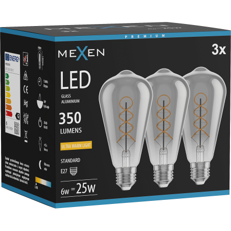 Mexen Vintis 3x LED siūlų spiralės lemputė E27, ST64, 6W, Šilta - 2200K, 350 lm, dūminė - L162-E27-0622-70x03