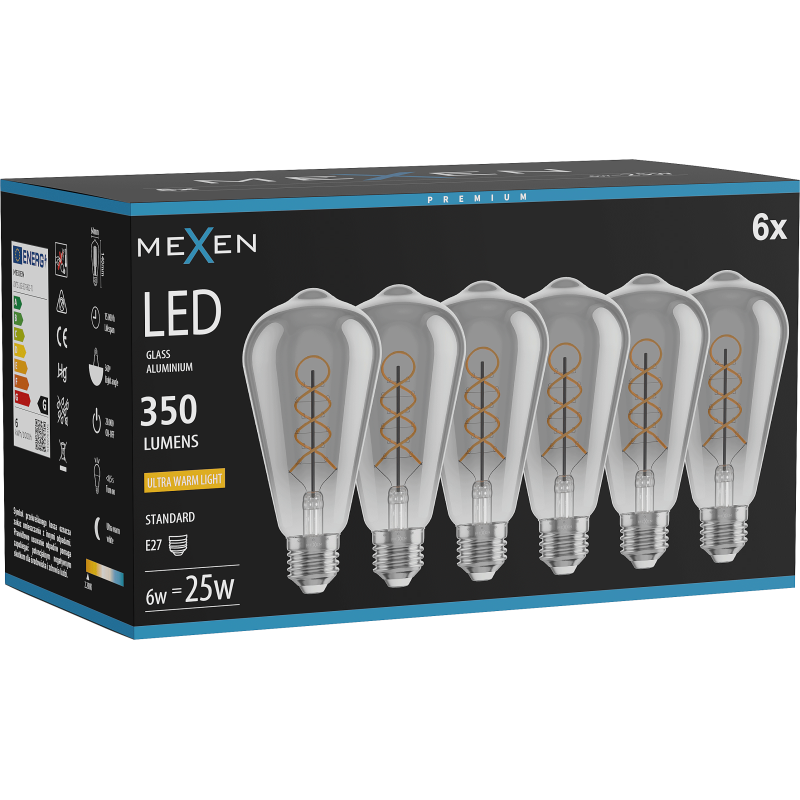 Mexen Vintis 6x LED kaitrą srieginė lemputė E27, ST64, 6W, Šilta - 2200K, 350 lm, dūminė - L162-E27-0622-70x06