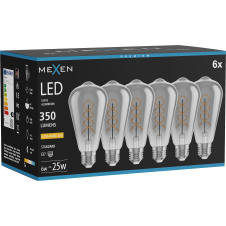 Mexen Vintis 6x LED kaitrą srieginė lemputė E27, ST64, 6W, Šilta - 2200K, 350 lm, dūminė - L162-E27-0622-70x06