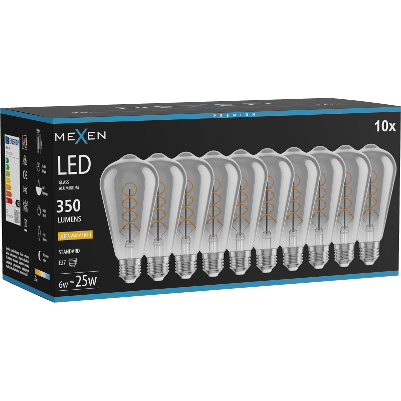 Mexen Vintis 10x LED siūlo spiralės lemputė E27, ST64, 6W, Šilta - 2200K, 350 lm, smoke - L162-E27-0622-70x10