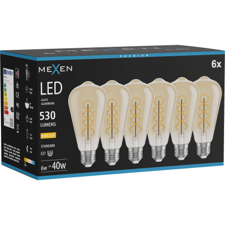 Mexen Vintis 6x LED spiralinė siūlo lemputė E27, ST64, 6W, Šilta - 2700K, 530 lm, gintarinė - L162-E27-0627-50x06