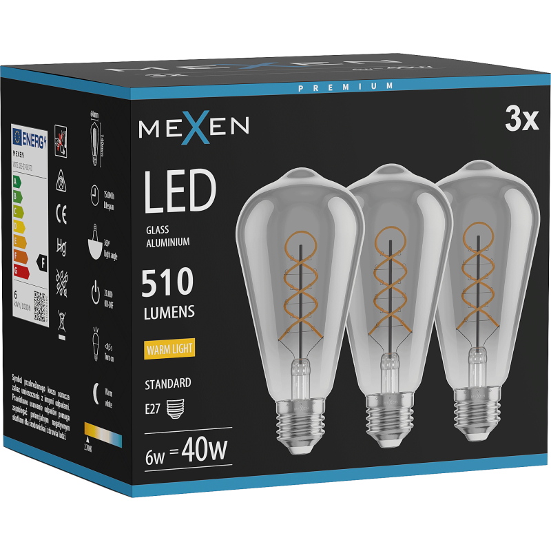 Mexen Vintis 3x LED spiralinė siūlinė lemputė E27, ST64, 6W, Šilta - 2700K, 510 lm, dūmų - L162-E27-0627-70x03
