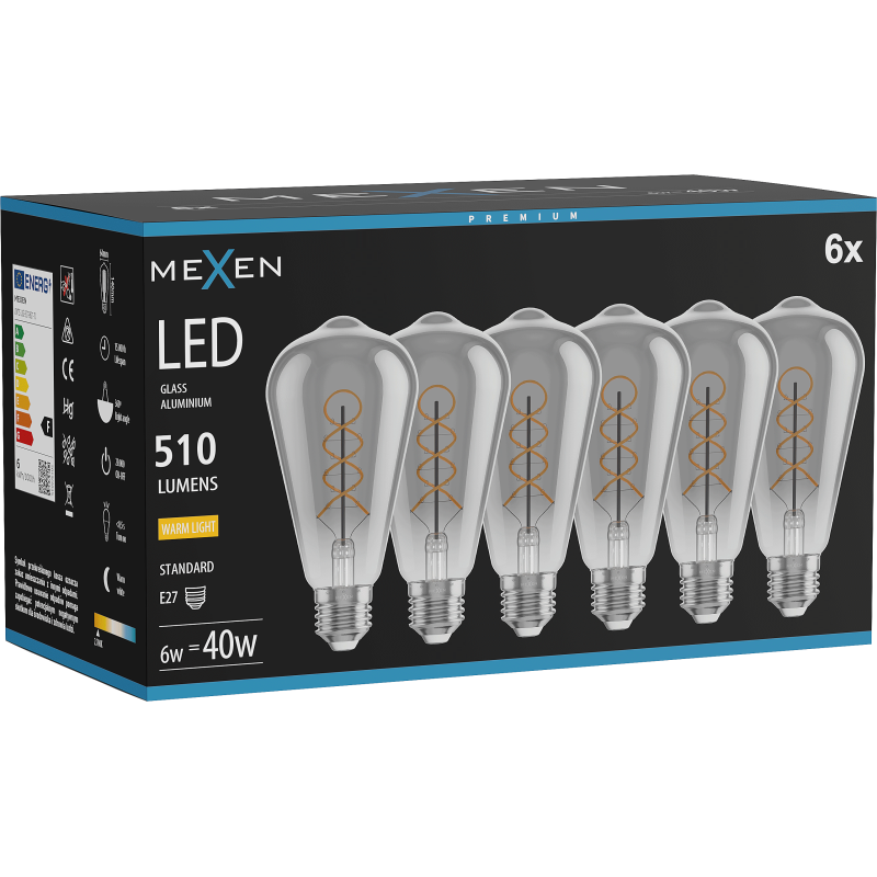 Mexen Vintis 6x LED kaitinimo spiralės lemputė E27, ST64, 6W, Šilta - 2700K, 510 lm, dūminė - L162-E27-0627-70x06