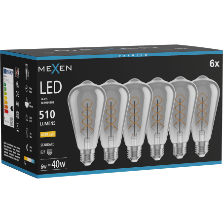 Mexen Vintis 6x LED kaitinimo spiralės lemputė E27, ST64, 6W, Šilta - 2700K, 510 lm, dūminė - L162-E27-0627-70x06