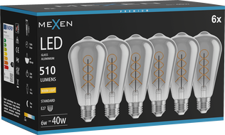 Mexen Vintis 6x LED kaitinimo spiralės lemputė E27, ST64, 6W, Šilta - 2700K, 510 lm, dūminė - L162-E27-0627-70x06