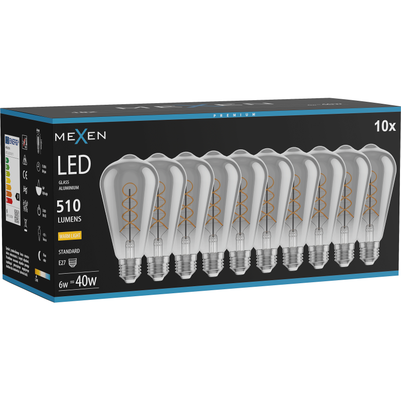 Mexen Vintis 10x LED kaitinimo spiralės lemputė E27, ST64, 6W, Šilta - 2700K, 510 lm, dūminė - L162-E27-0627-70x10