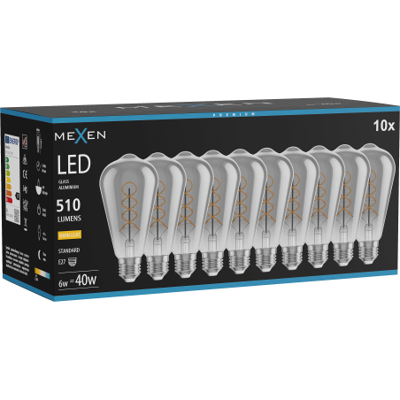 Mexen Vintis 10x LED kaitinimo spiralės lemputė E27, ST64, 6W, Šilta - 2700K, 510 lm, dūminė - L162-E27-0627-70x10