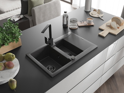 Mexen Gaspar granitinė 1,5 skyrių plautuvė su nuvarvėjimu ir virtuvės maišytuvu Rita, juodas dėmėtas - 6507-76-670300-70-B