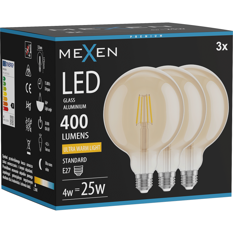 Mexen Vintis 3x Kaitinamoji LED lemputė E27, G125, 4W, Šilta - 2200K, 400 lm, gintarinė - L158-E27-0422-50x03