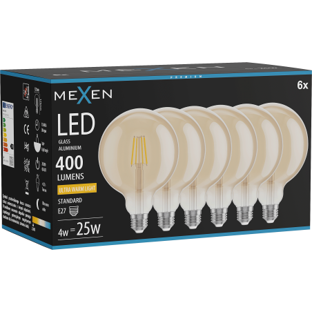 Mexen Vintis 6x LED siūlelinė lemputė E27, G125, 4W, Šilta - 2200K, 400 lm, gintarinė - L158-E27-0422-50x06