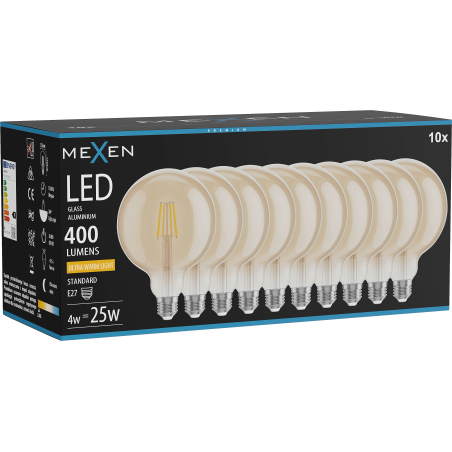 Mexen Vintis 10x LED filamentinė lemputė E27, G125, 4W, Šilta - 2200K, 400 lm, gintarinė - L158-E27-0422-50x10