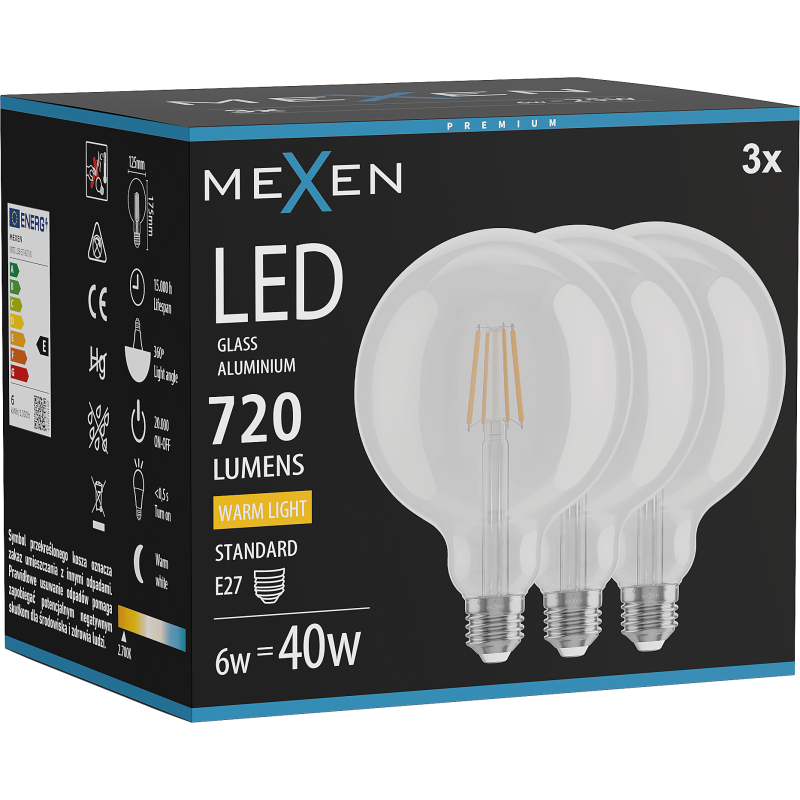 Mexen Vintis 3x LED gijų lemputė E27, G125, 6W, Šilta - 2700K, 720 lm, skaidri - L158-E27-0627-00x03