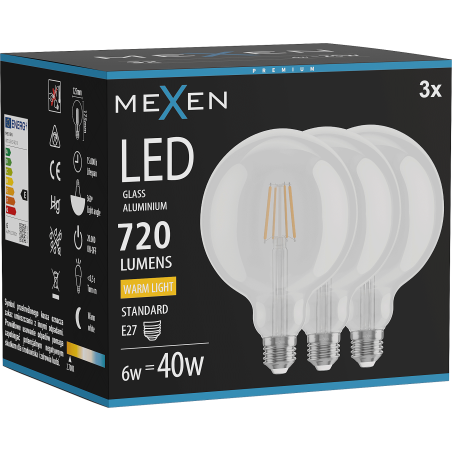 Mexen Vintis 3x LED gijų lemputė E27, G125, 6W, Šilta - 2700K, 720 lm, skaidri - L158-E27-0627-00x03