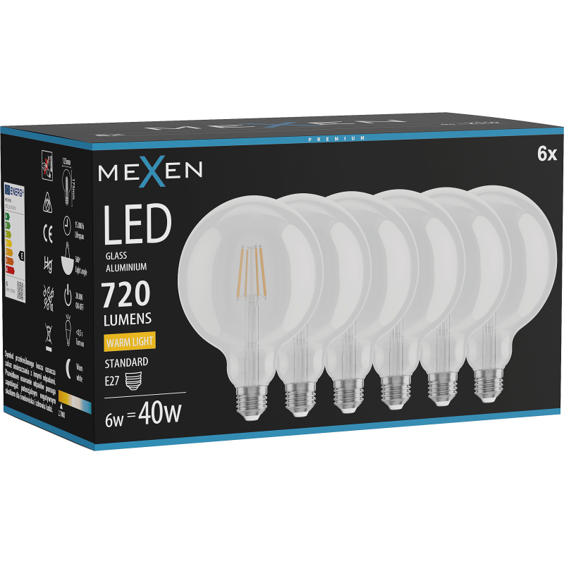 Mexen Vintis 6x LED E27 kaitinimo siūlelio lemputė, G125, 6W, Šilta - 2700K, 720 lm, skaidri - L158-E27-0627-00x06