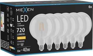 Mexen Vintis 6x LED E27 kaitinimo siūlelio lemputė, G125, 6W, Šilta - 2700K, 720 lm, skaidri - L158-E27-0627-00x06