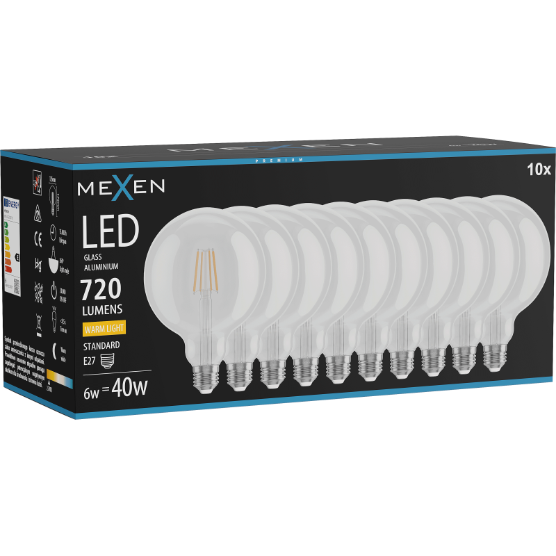 Mexen Vintis 10x LED E27, G125, 6W, Šilta - 2700K, 720 lm, skaidri - L158-E27-0627-00x10