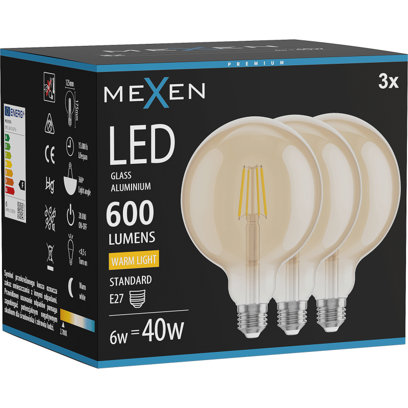 Mexen Vintis 3x LED gijų lemputė E27, G125, 6W, Šilta - 2700K, 600 lm, gintarinė - L158-E27-0627-50x03