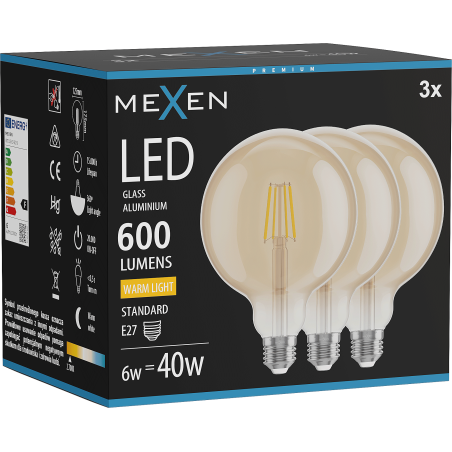 Mexen Vintis 3x LED gijų lemputė E27, G125, 6W, Šilta - 2700K, 600 lm, gintarinė - L158-E27-0627-50x03