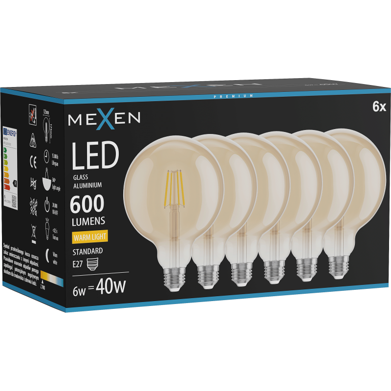 Mexen Vintis 6x LED siūlelių lemputė E27, G125, 6W, Šilta - 2700K, 600 lm, gintarinė - L158-E27-0627-50x06