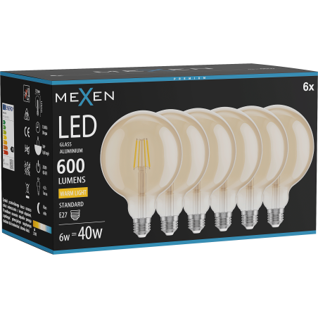 Mexen Vintis 6x LED siūlelių lemputė E27, G125, 6W, Šilta - 2700K, 600 lm, gintarinė - L158-E27-0627-50x06