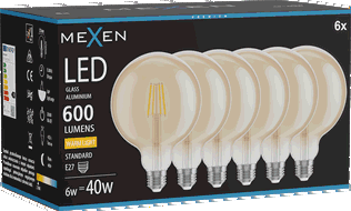 Mexen Vintis 6x LED siūlelių lemputė E27, G125, 6W, Šilta - 2700K, 600 lm, gintarinė - L158-E27-0627-50x06