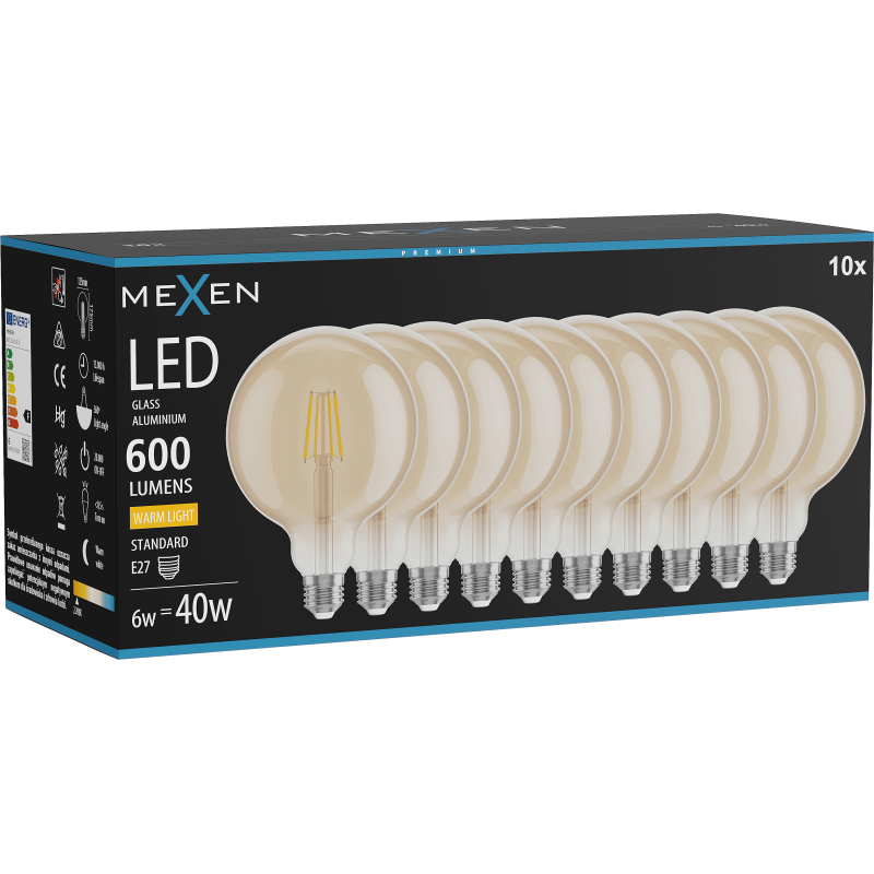 Mexen Vintis 10 kartų LED siūlelio lemputė E27, G125, 6W, Šilta - 2700K, 600 lm, gintaro - L158-E27-0627-50x10