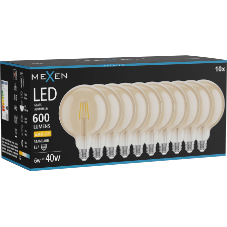 Mexen Vintis 10 kartų LED siūlelio lemputė E27, G125, 6W, Šilta - 2700K, 600 lm, gintaro - L158-E27-0627-50x10