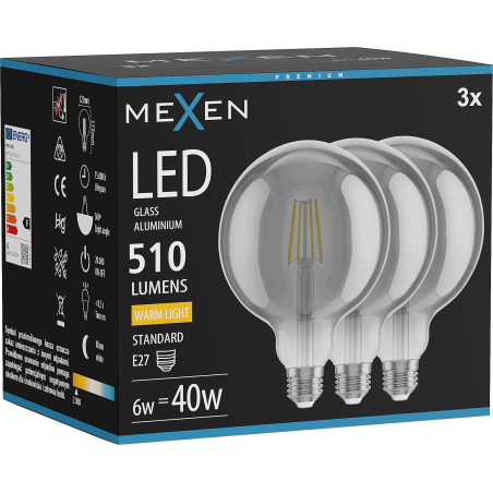 Mexen Vintis 3x LED siūlelio lemputė E27, G125, 6W, Šilta - 2700K, 510 lm, dūminė - L158-E27-0627-70x03