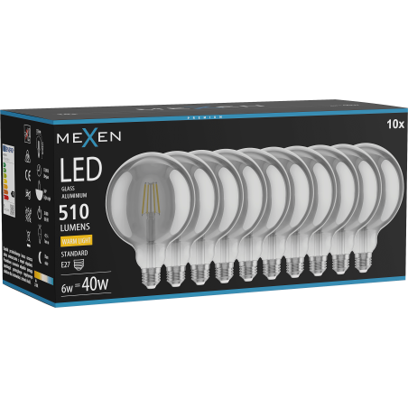 Mexen Vintis 10x LED siūlelio lemputė E27, G125, 6W, Šilta - 2700K, 510 lm, dūminė - L158-E27-0627-70x10