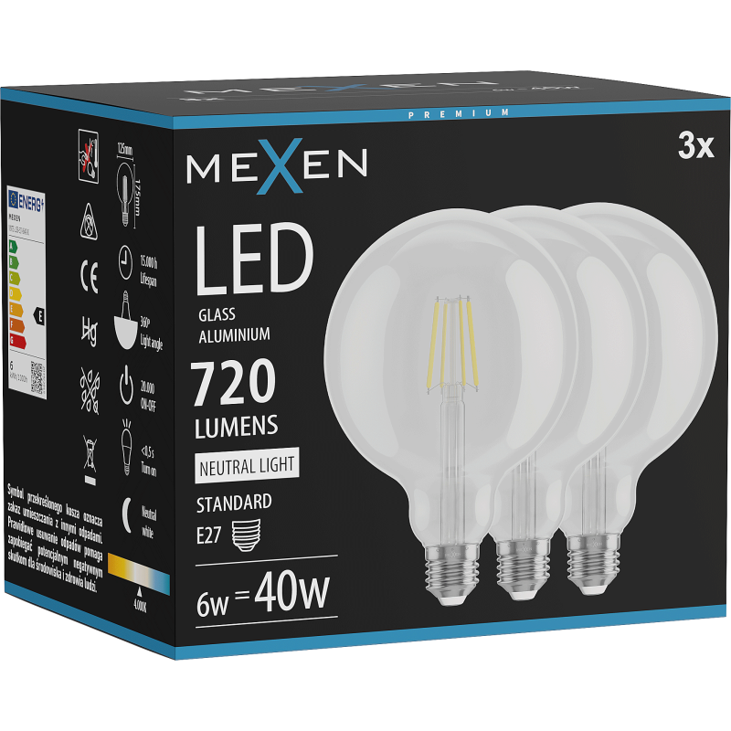 Mexen Vintis 3x LED filamentinė lemputė E27, G125, 6W, Neutralus - 4000K, 720 lm, skaidri - L158-E27-0640-00x03