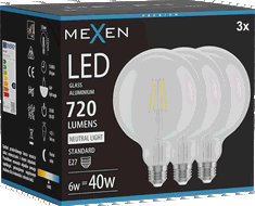 Mexen Vintis 3x LED filamentinė lemputė E27, G125, 6W, Neutralus - 4000K, 720 lm, skaidri - L158-E27-0640-00x03