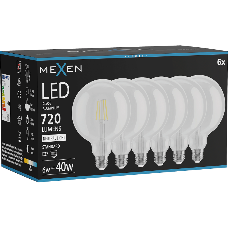Mexen Vintis 6x LED kaitrinė lemputė E27, G125, 6W, Neutralus - 4000K, 720 lm, skaidrus - L158-E27-0640-00x06
