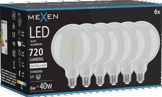 Mexen Vintis 6x LED kaitrinė lemputė E27, G125, 6W, Neutralus - 4000K, 720 lm, skaidrus - L158-E27-0640-00x06