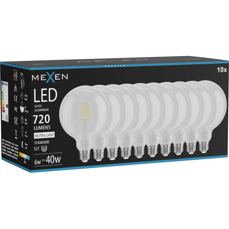 Mexen Vintis 10x LED E27 gijų lemputė, G125, 6W, Neutrali - 4000K, 720 lm, skaidri - L158-E27-0640-00x10