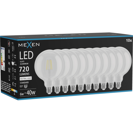 Mexen Vintis 10x LED E27 gijų lemputė, G125, 6W, Neutrali - 4000K, 720 lm, skaidri - L158-E27-0640-00x10