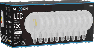 Mexen Vintis 10x LED E27 gijų lemputė, G125, 6W, Neutrali - 4000K, 720 lm, skaidri - L158-E27-0640-00x10