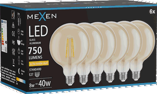 Mexen Vintis 6x LED filamentinė lemputė E27, G125, 8W, Šilta - 2200K, 750 lm, gintarinė - L158-E27-0822-50x06